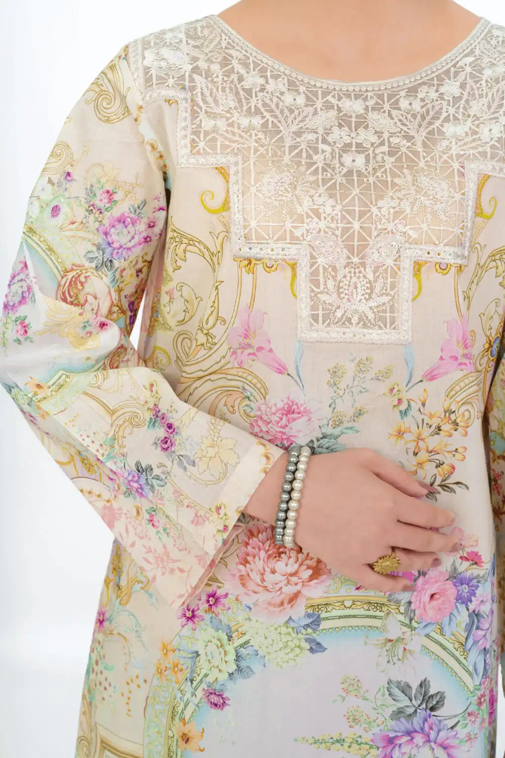 Ivory Peach - Aqua Bloom 3-Piece Printed Lawn Suit