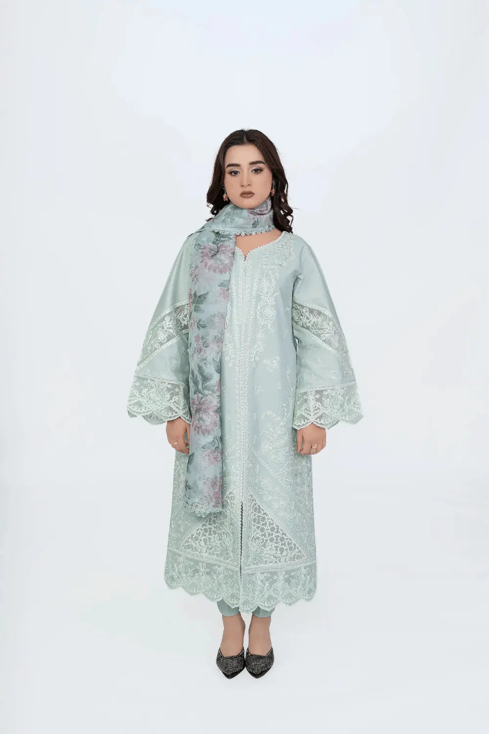 Pastel Mint Green embroidered 3-Piece Lawn Suit with Printed Khadi Net Dupatta