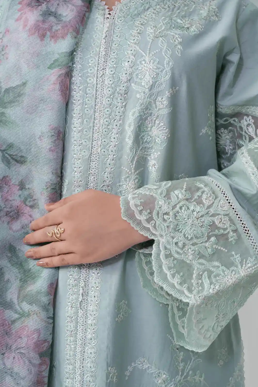 Pastel Mint Green embroidered 3-Piece Lawn Suit with Printed Khadi Net Dupatta