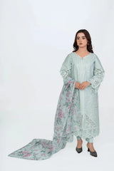 Pastel Mint Green embroidered 3-Piece Lawn Suit with Printed Khadi Net Dupatta