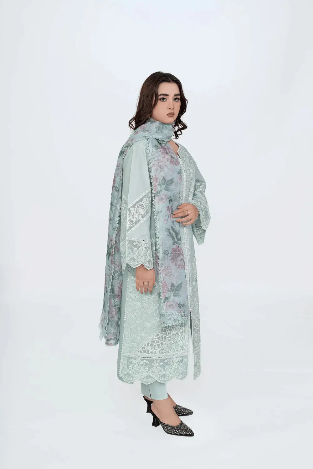 Pastel Mint Green embroidered 3-Piece Lawn Suit with Printed Khadi Net Dupatta