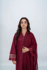 Burgundy Fully Embroidered Chikankari 3-Piece