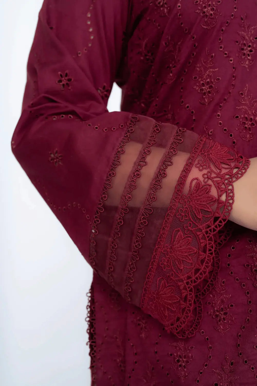 Burgundy Fully Embroidered Chikankari 3-Piece