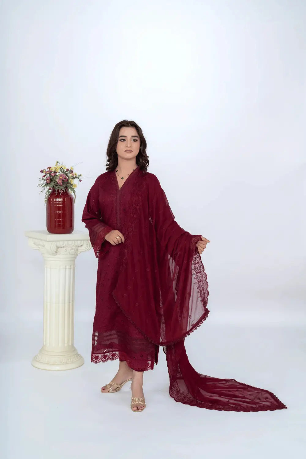 Burgundy Fully Embroidered Chikankari 3-Piece
