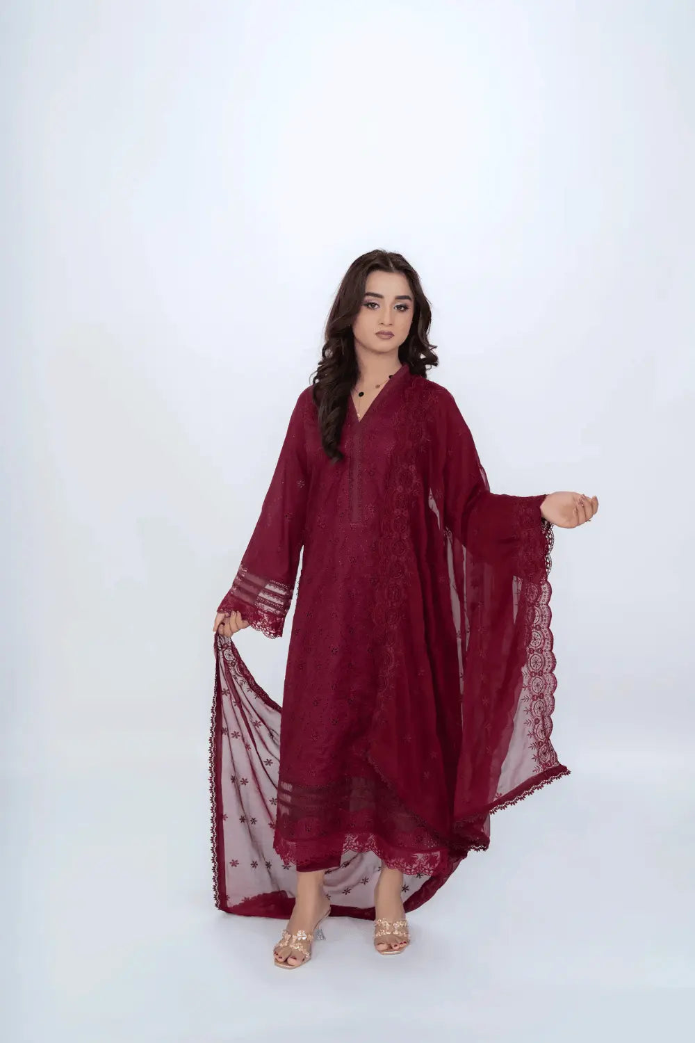Burgundy Fully Embroidered Chikankari 3-Piece