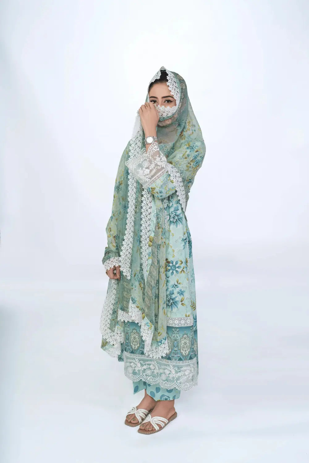 Ivory Bloom – Aqua Sea Green 3-Piece Printed Lawn Suit