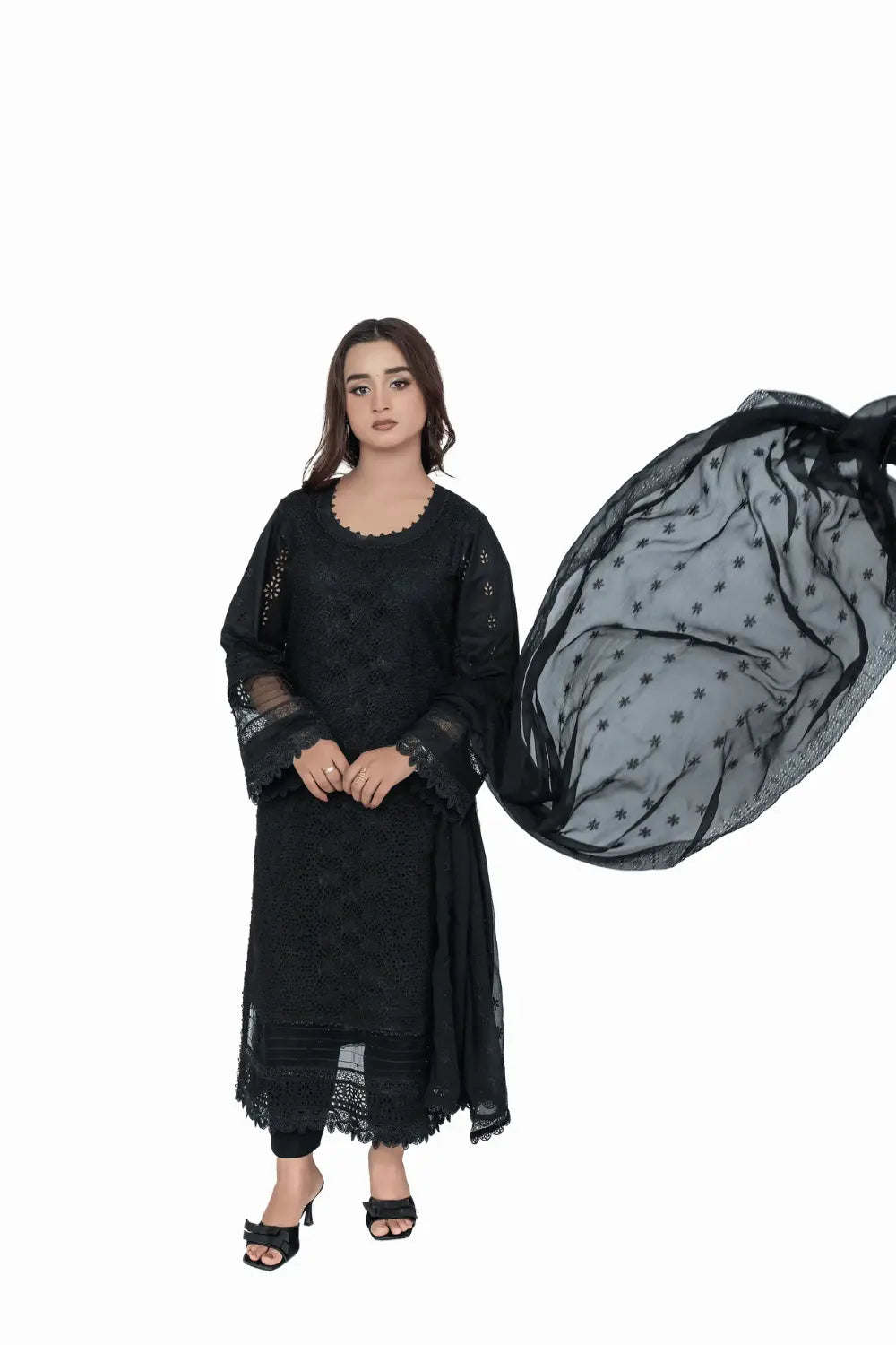 Jet Black Fully Embroidered Chikankari 3-Piece