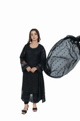 Jet Black Fully Embroidered Chikankari 3-Piece