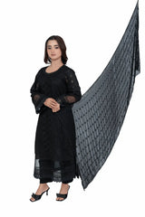 Jet Black Fully Embroidered Chikankari 3-Piece