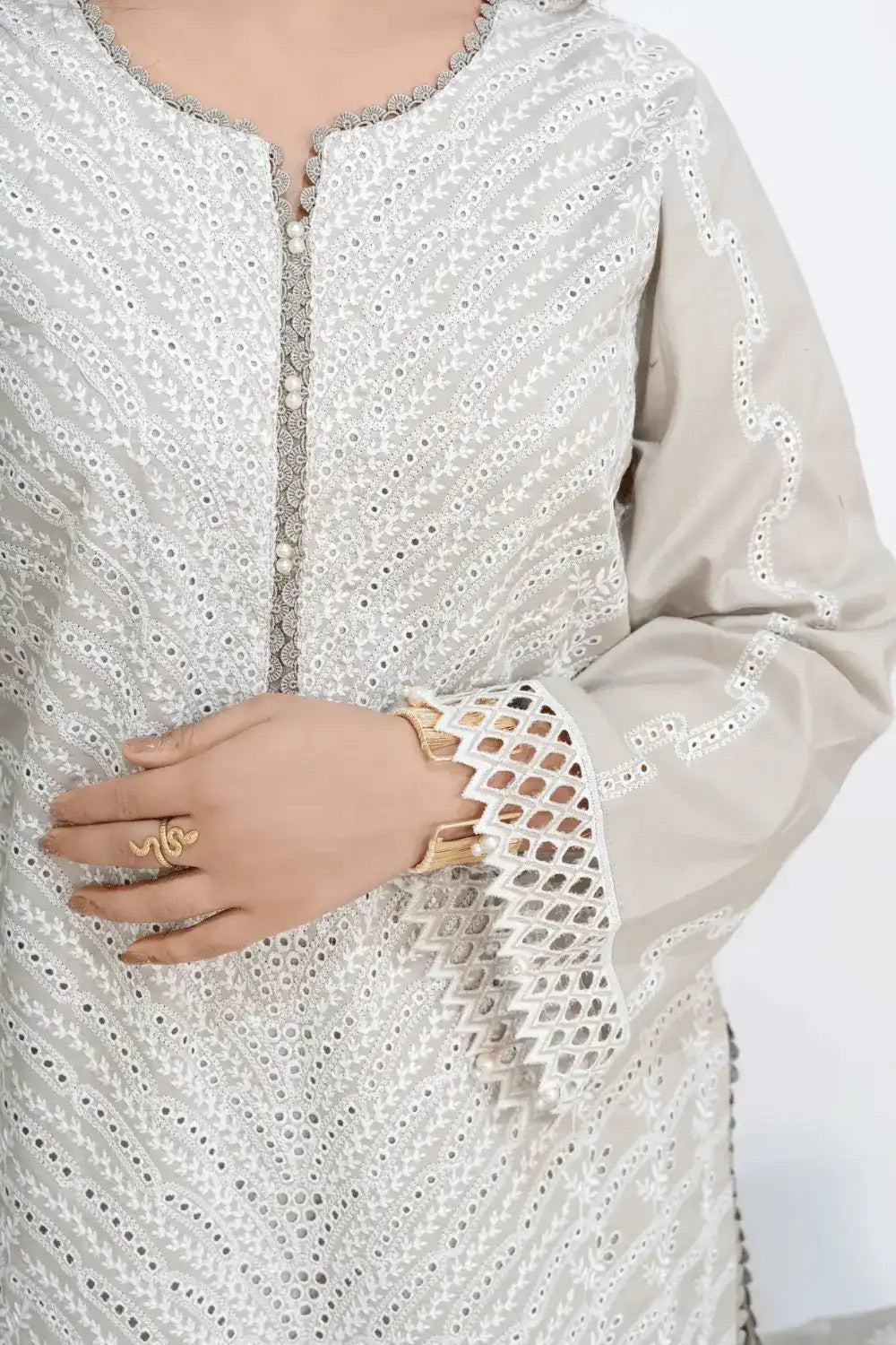Pearl Grey Fully Embroidered Chikankari 3-Piece