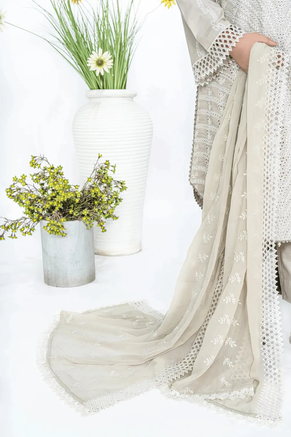 Pearl Grey Fully Embroidered Chikankari 3-Piece